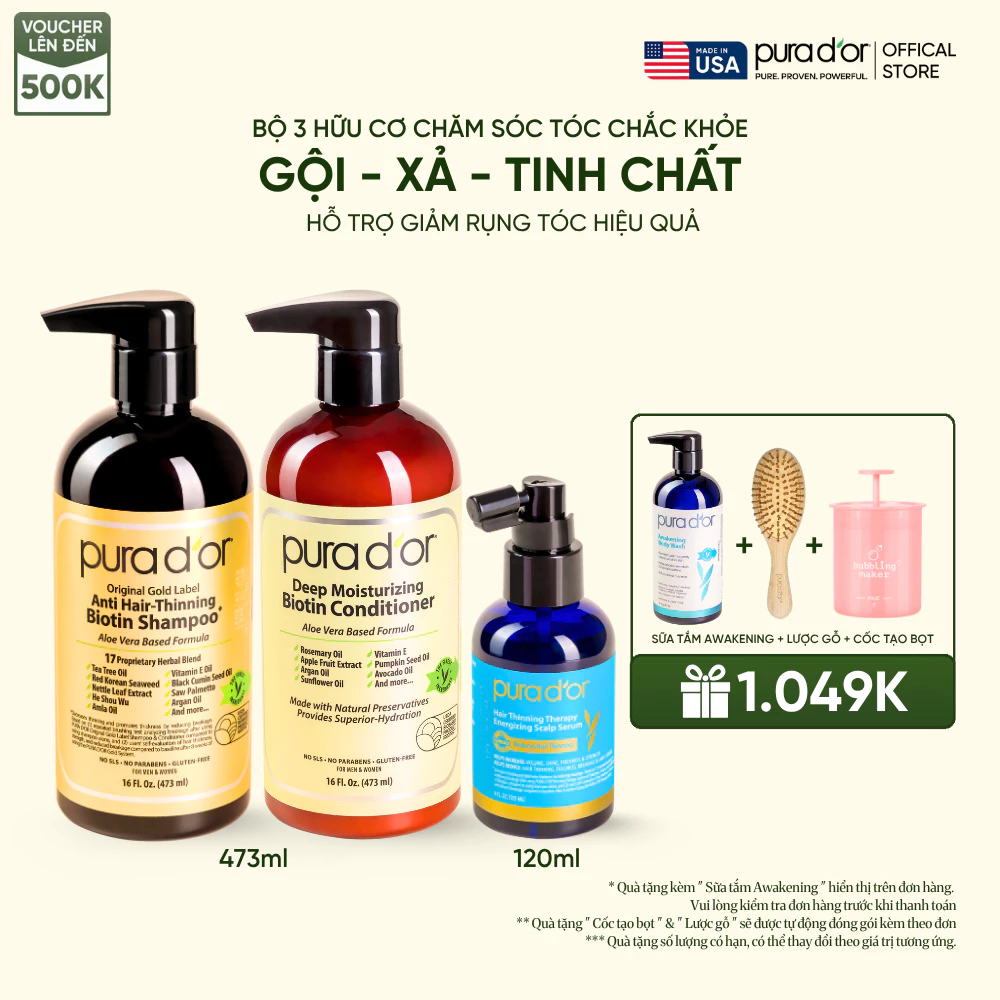 Combo 3 Bước Dầu Gội, Dầu Xả, Giảm Rụng Tóc Organic Pura D'or Biotin Gold Label 236ML/473ML - Gift Set