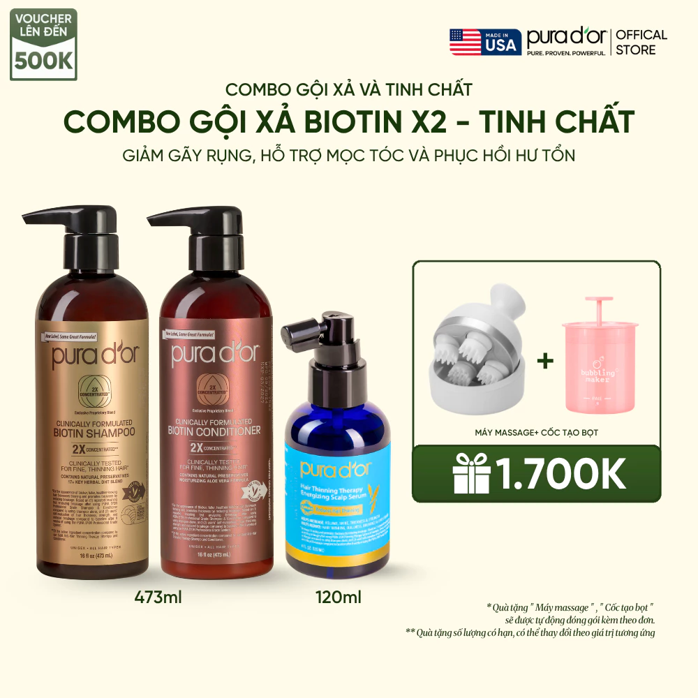 Bộ sản phẩm 3 bước chăm sóc tóc chuyên sâu Biotin x2 giúp giảm gãy rụng, hỗ trợ mọc tóc và phục hồi hư tổn 473ml
