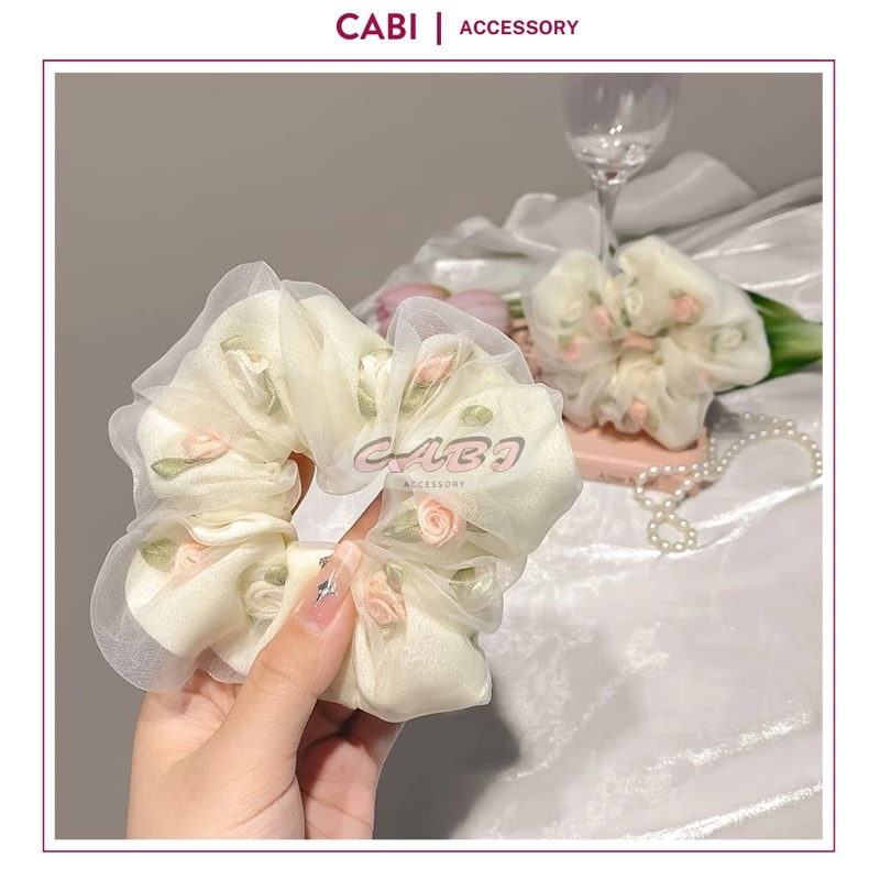 CB40 - Dây buộc tóc Scrunchies họa tiết hoa hồng siêu xinh, dây cột tóc cỡ lớn chất liệu voan