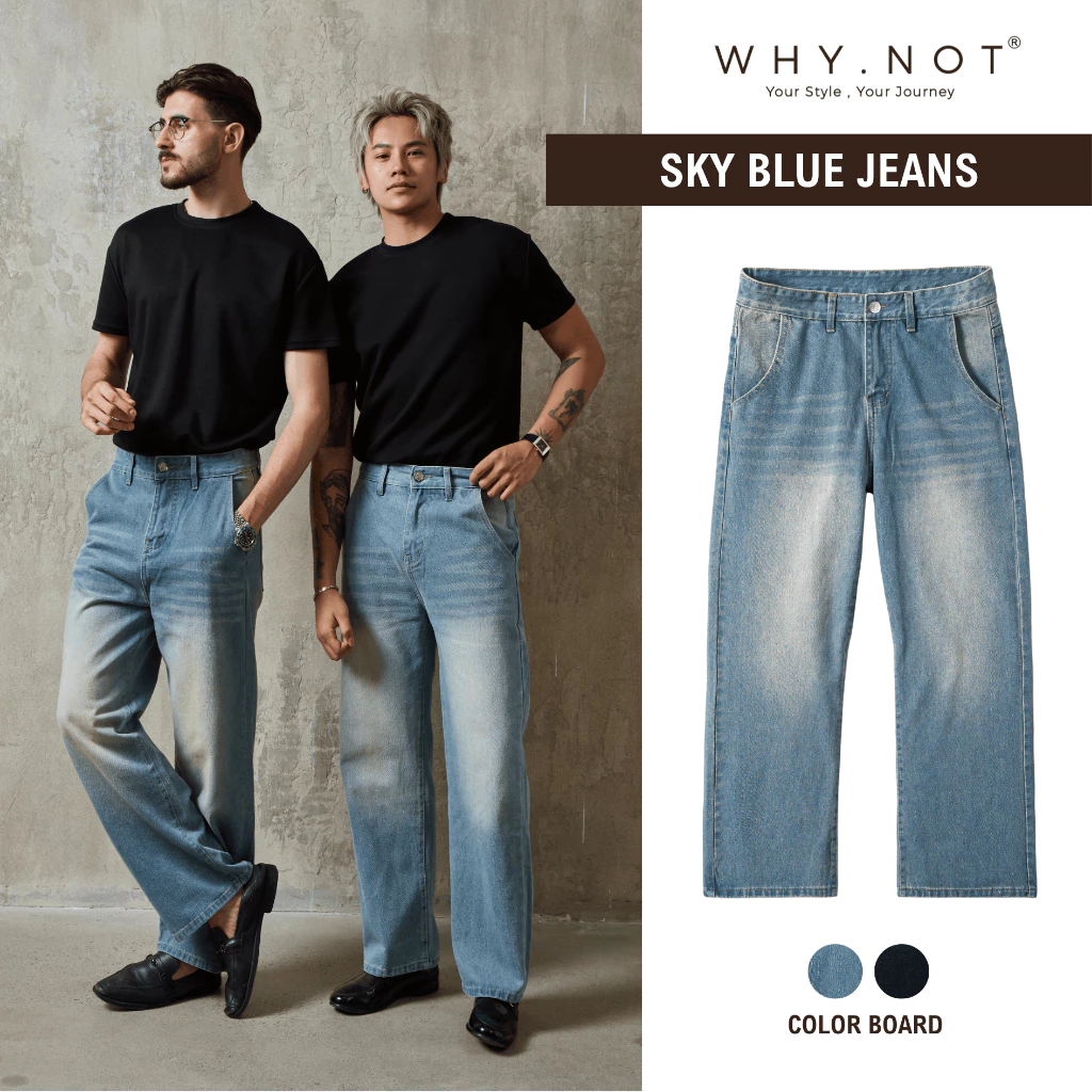 [WHY.NOT] Quần Jean Nam Ống Suông 2 Màu Xanh Nhặt, Xanh Đậm