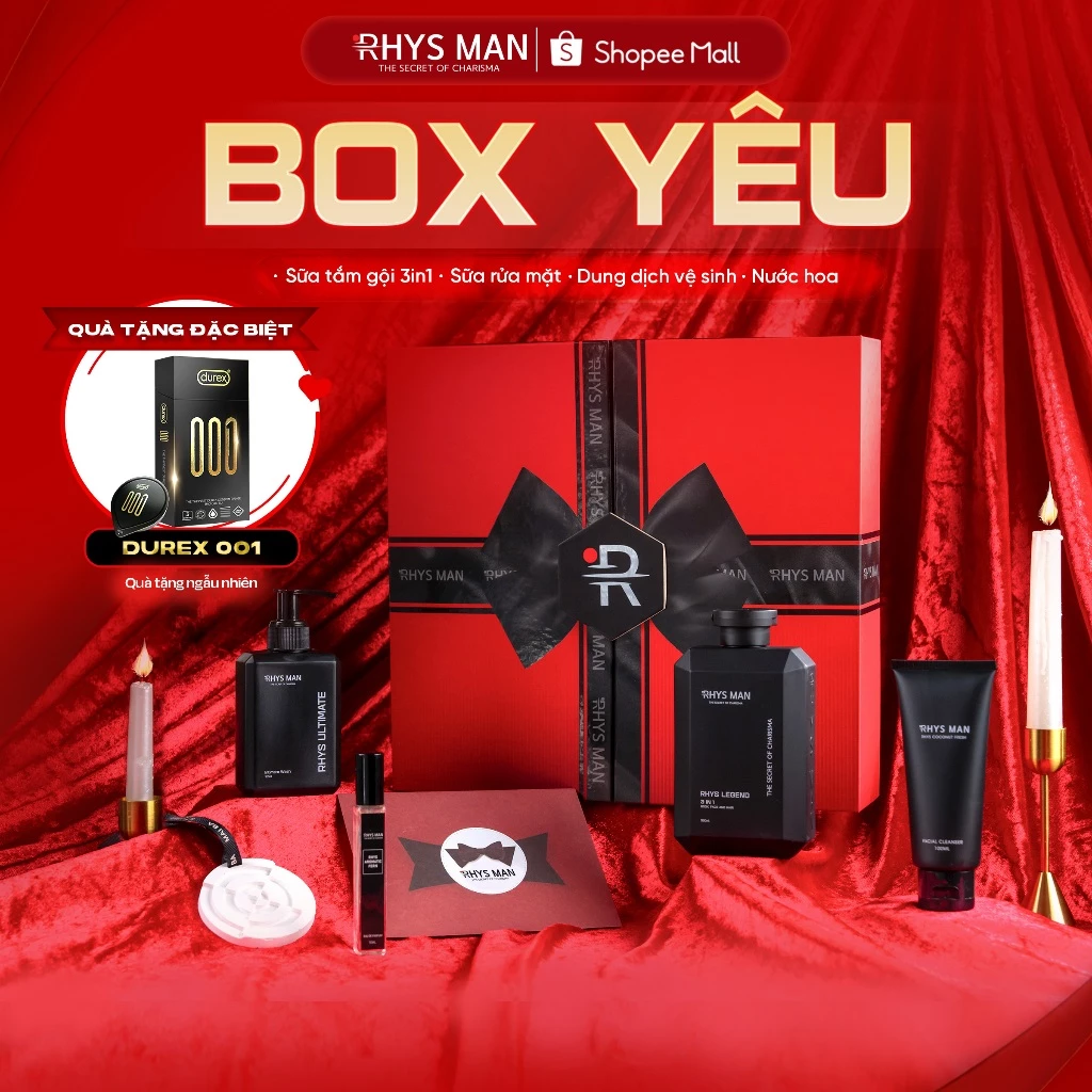 Quà tặng Valentine - Sữa tắm gội 3in1 350ml & Sữa rửa mặt 100ml & Dung dịch vệ sinh 120ml & Nước hoa nam 10ml RHYS MAN