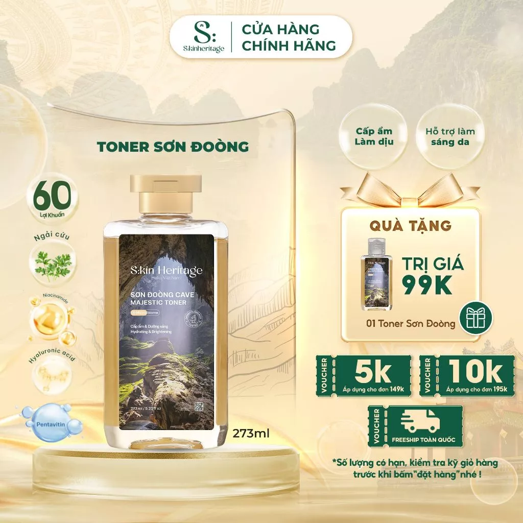 Toner cấp ẩm Sơn Đoòng dưỡng ẩm và hỗ trợ dưỡng sáng cho da dầu mụn S:kin Heritage Sử dụng 60 Lợi Khuẩn 273ml