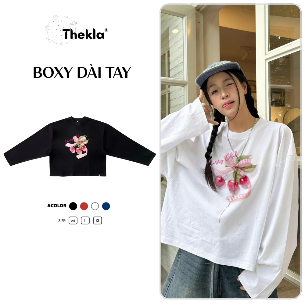 Áo Boxy Dài Tay THEKLA BST127Cherry Plaid - Áo Thu Đông Cotton 4 Chiều Dày Dặn Co Giãn Streetwear
