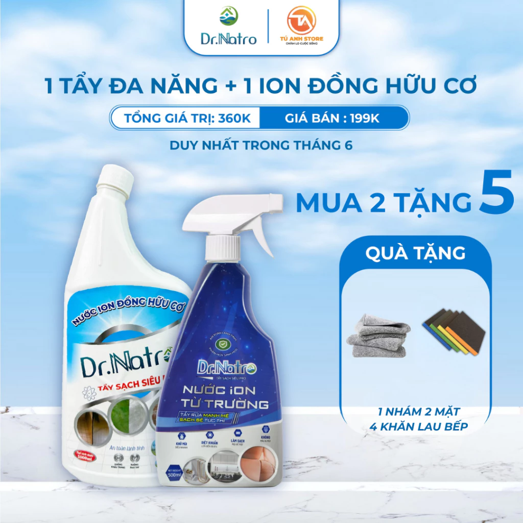 Combo Tẩy rỉ sét, ố vàng trên gạch, tường (1L) + Tẩy đa năng Dr Natro (500Ml) tẩy rửa mọi vết bẩn