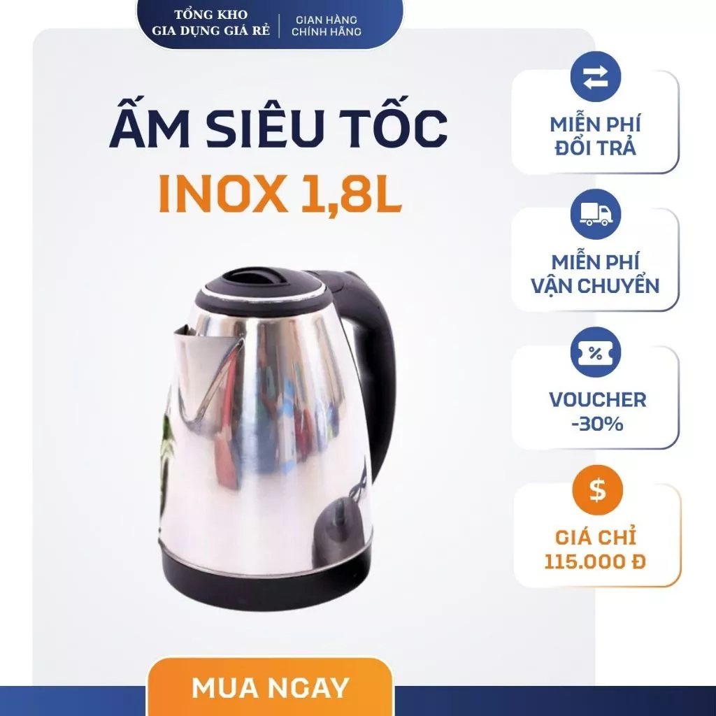 Ấm Siêu Tốc Inox 1,8 Lít hâm sôi siêu nhanh - Bình siêu tốc inox tốt cho tình trạng sức khỏe người xử dụng - ST2 Hot