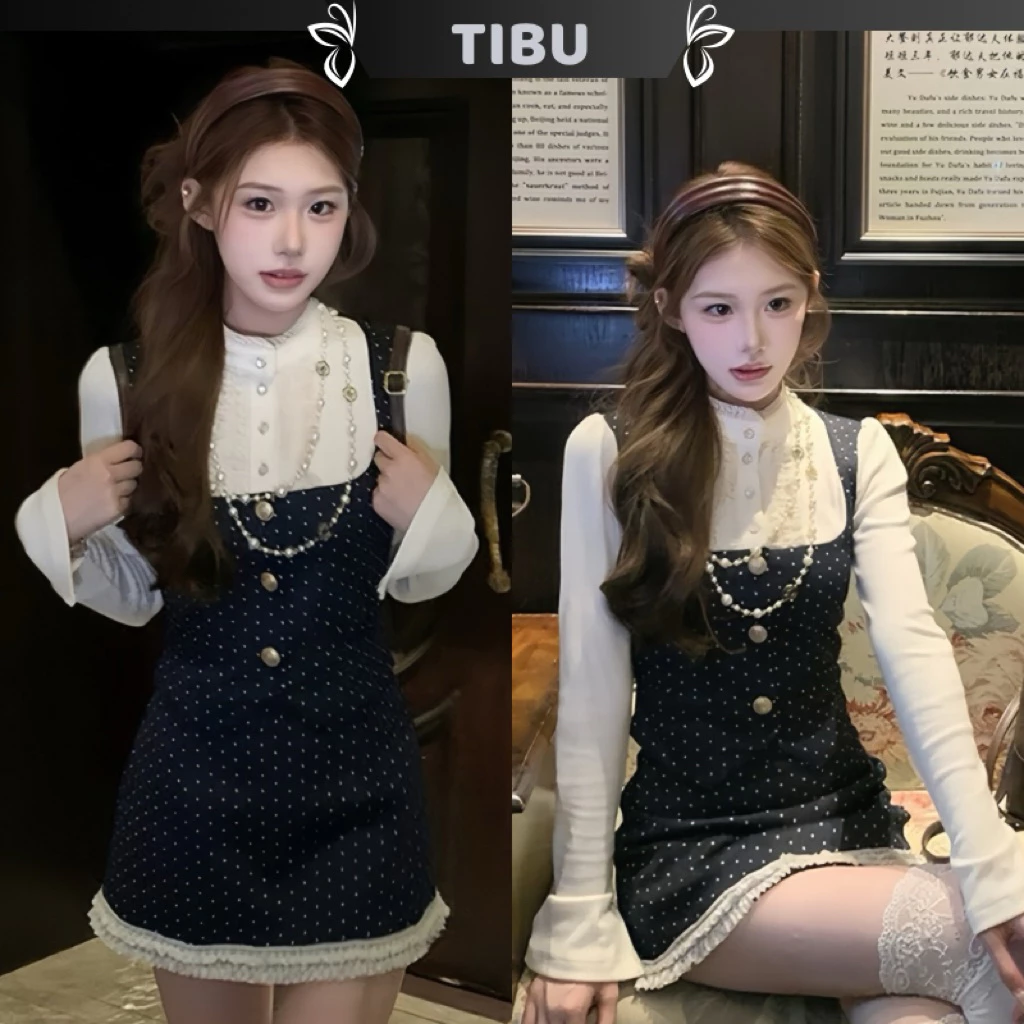 Set Áo SơMi Tay Dài Phối Chân Váy Viền Bèo Chấm Bi TIBU Set Đồ Nữ Dễ Thương Sang Chảnh Đi Chơi Dạo Phố B656