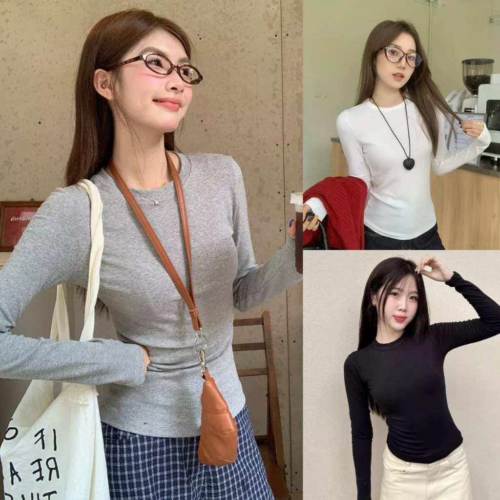Áo Dáng ôm Nữ dài tay ôm body MIAA tôn dáng màu đen trắng chất vải co giãn