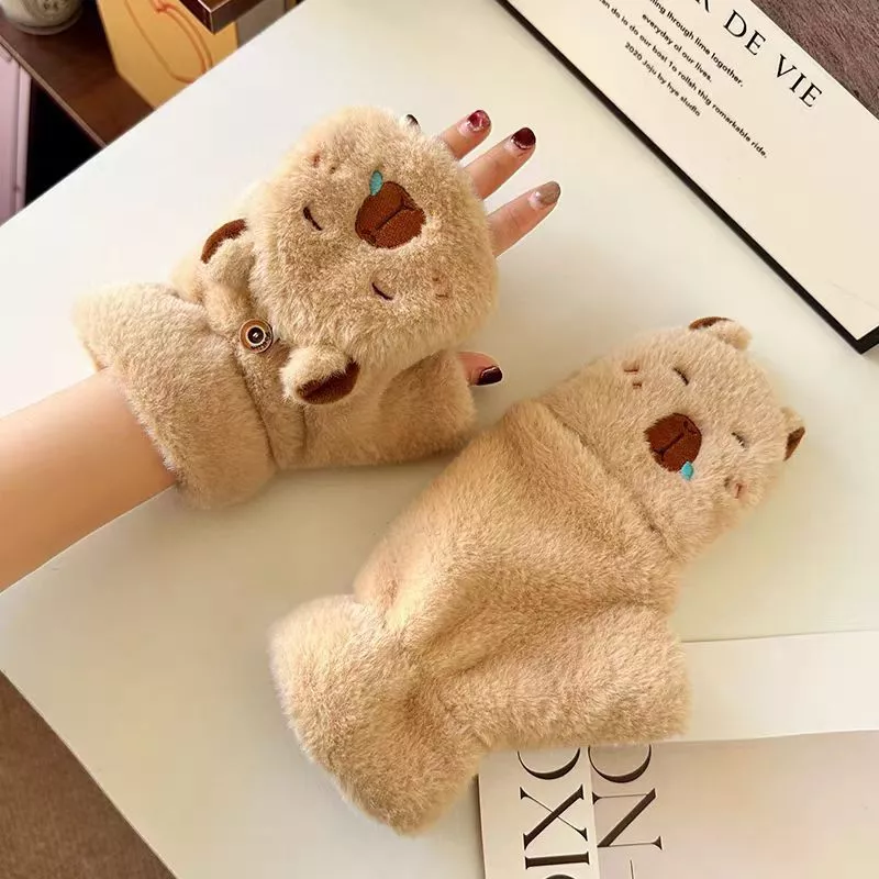 Găng tay hở ngón hình capybara đáng yêu giữ ấm tay mùa đông - Găng tay nữ cute phong cách Nhật Bản
