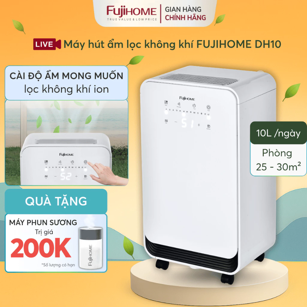 Máy hút ẩm gia đình FUJIHOME DH10 Nhập Khẩu cao cấp Ionizer lọc không khí, đèn báo độ ẩm thông minh công suất hút mạnh