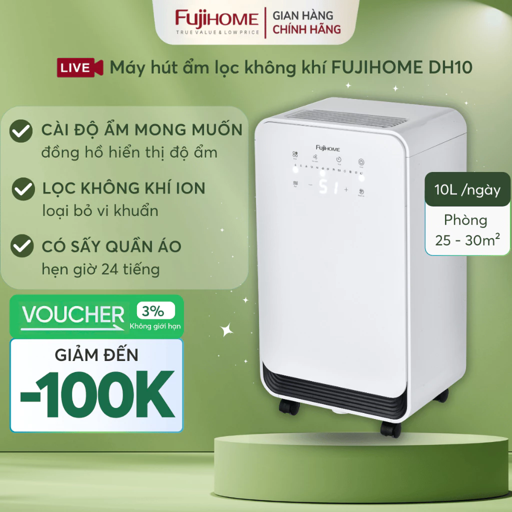 Máy hút ẩm thông minh 10L Nhập Khẩu FUJIHOME DH10 tích hợp lọc không khí Anion, sấy liên tục đa năng