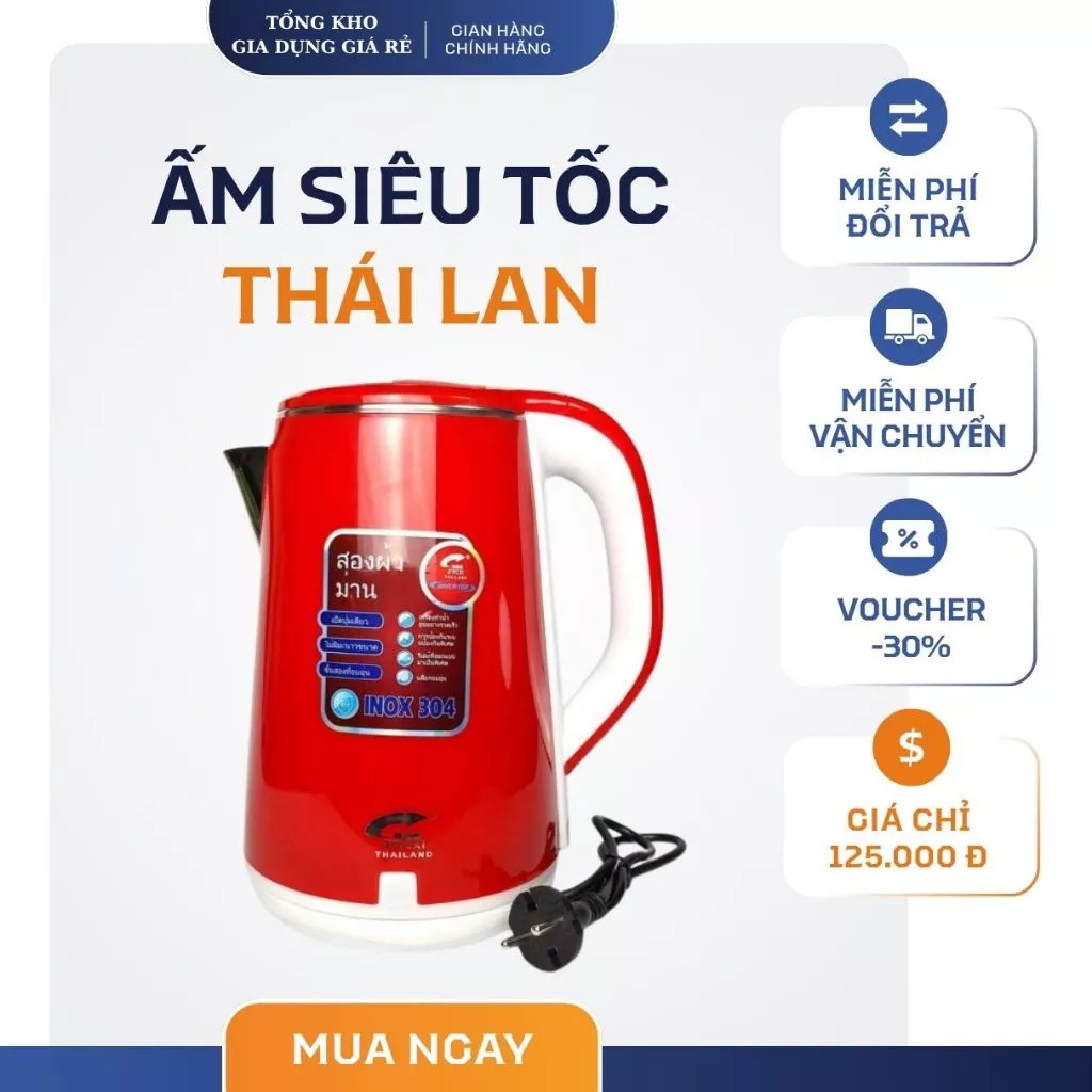 Ấm Siêu Tốc JIPLAI THÁI LAN Cao Cấp 2.5L 2 Lớp Cách Nhiệt, Ấm Đun Siêu Tốc 2 Lớp Loại Lớn, Nồi Đun Nươc Tiện Lợi