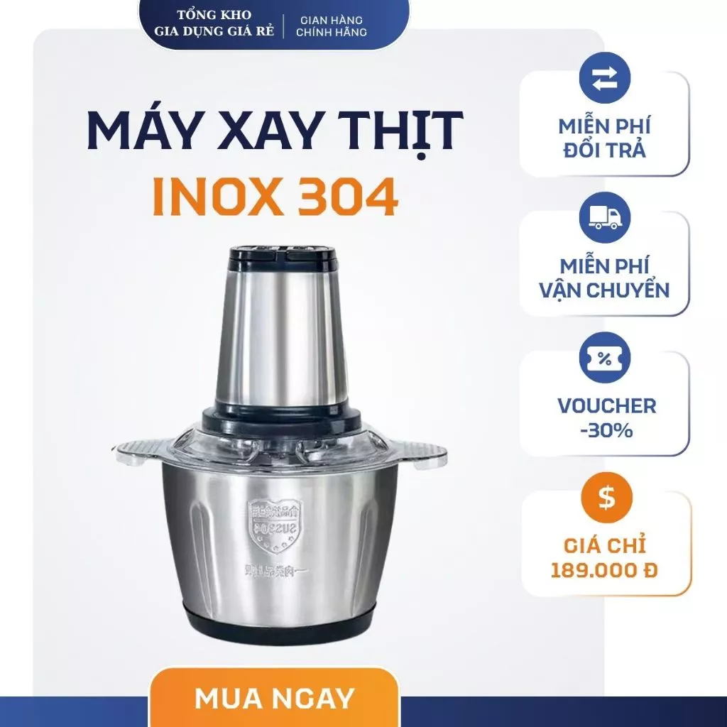 Máy Xay Thịt Cối Inox 4 Lưỡi Đa Năng, Công suất 250W- Máy Xay Sinh Tố Thực Phẩm 2l,Chất Liệu Inox 304 Chuẩn, Siêu Bén