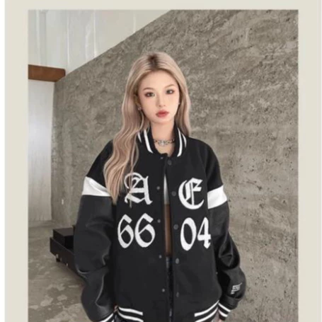 (Sẵn đen )Áo Khoác Bomber Varsity Chất Dạ Ép Phối Tay Da Hoạ Tiết Cực Chất Hàng Loại 1 Thời Trang Nam Nữ 2022