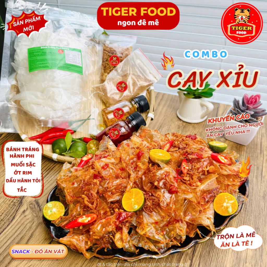 COMBO CAY XỈU Bánh Tráng Trộn TIGER FOOD Set Bánh Tráng Phơi Sương Trộn Muối Sặc Ớt Rim Hành Phi Dầu Tỏi Tắc, Siêu Cay