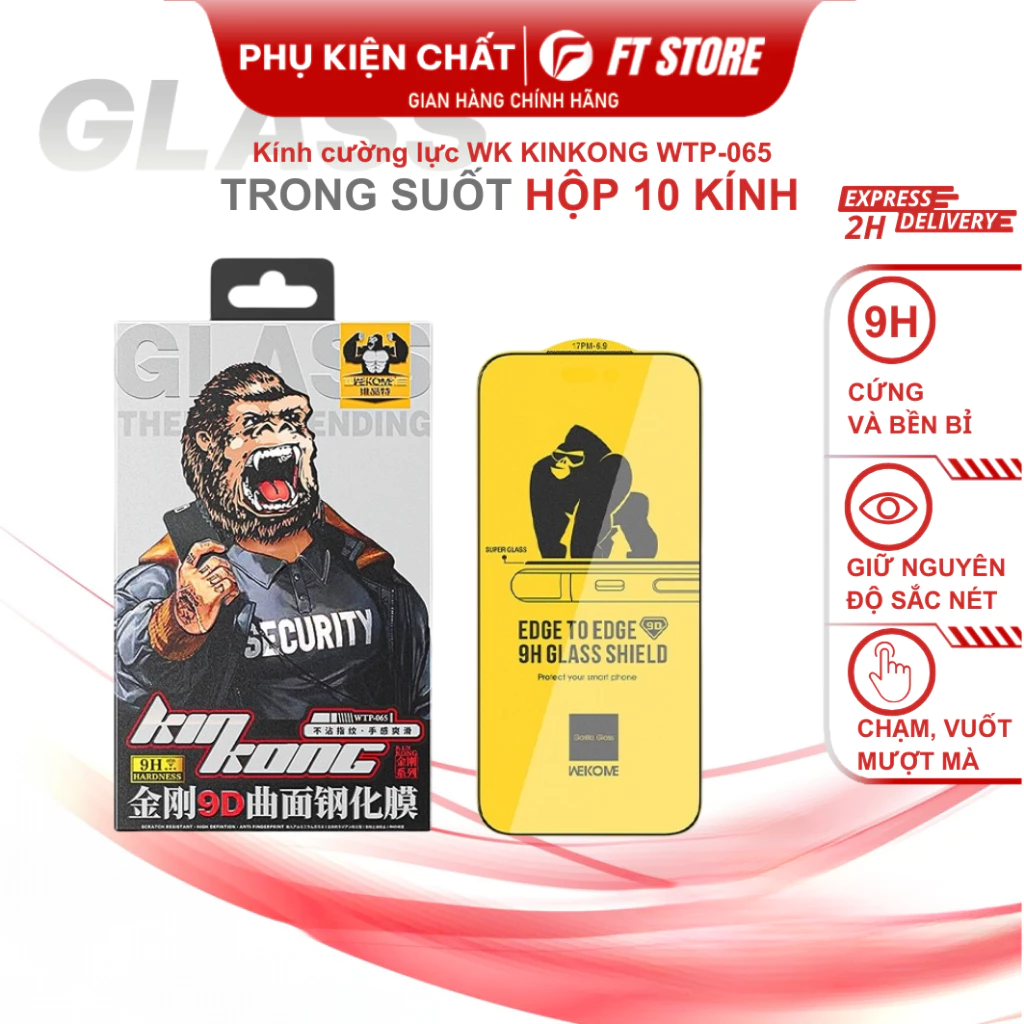 Kính cường lực WK KINKONG WTP-065 trong suốt cứng 9H, full viền máy, chống xước tốt, phiên bản 10 kính 1 hộp Chính Hãng