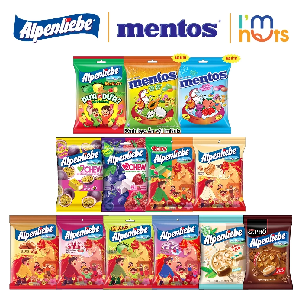Kẹo Alpenliebe 2Chew và Kẹo nhai Mentos đủ vị gói lớn