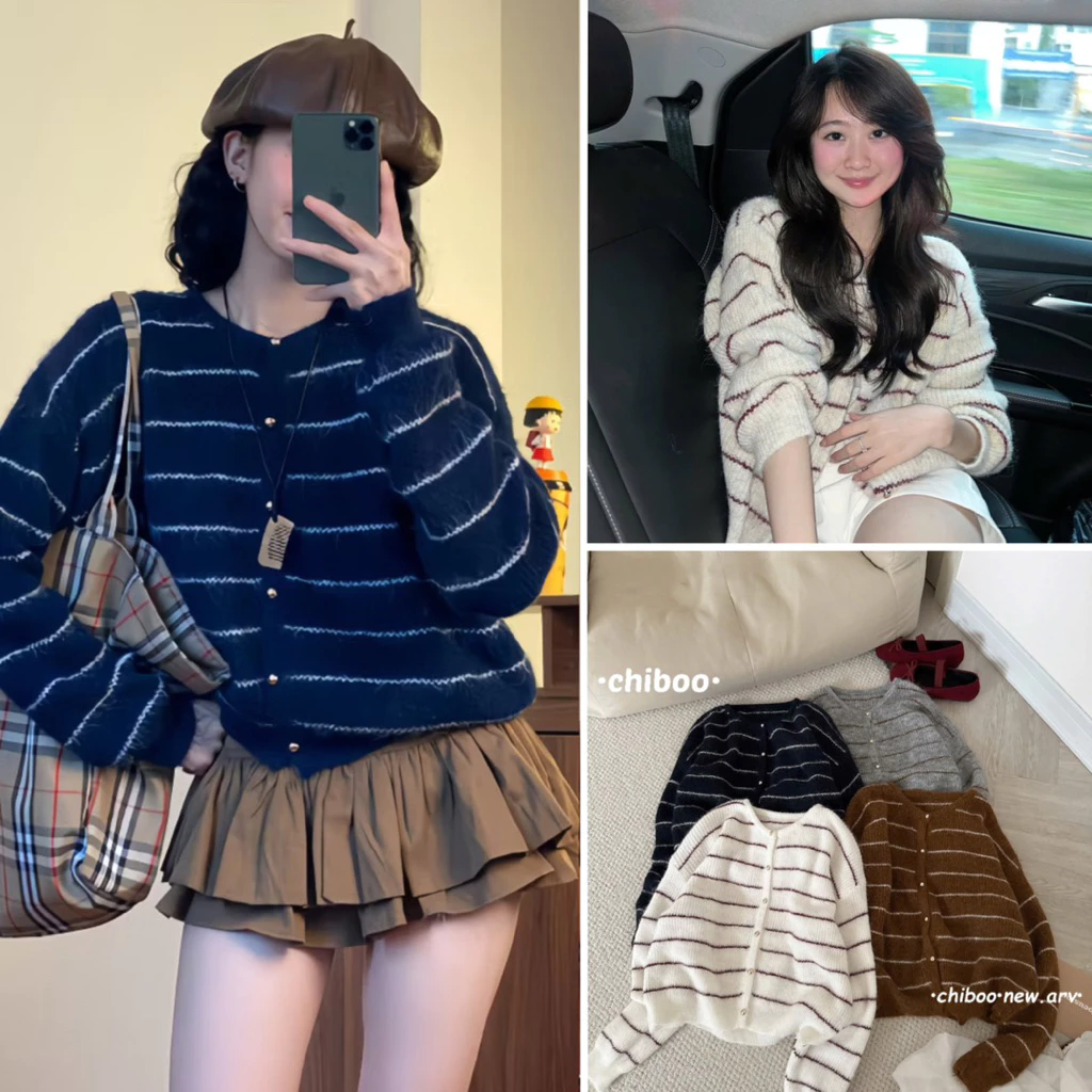 (HÀNG QC) Áo cardigan len lông thỏ kẻ sọc ngang phối cúc đồng LEN252