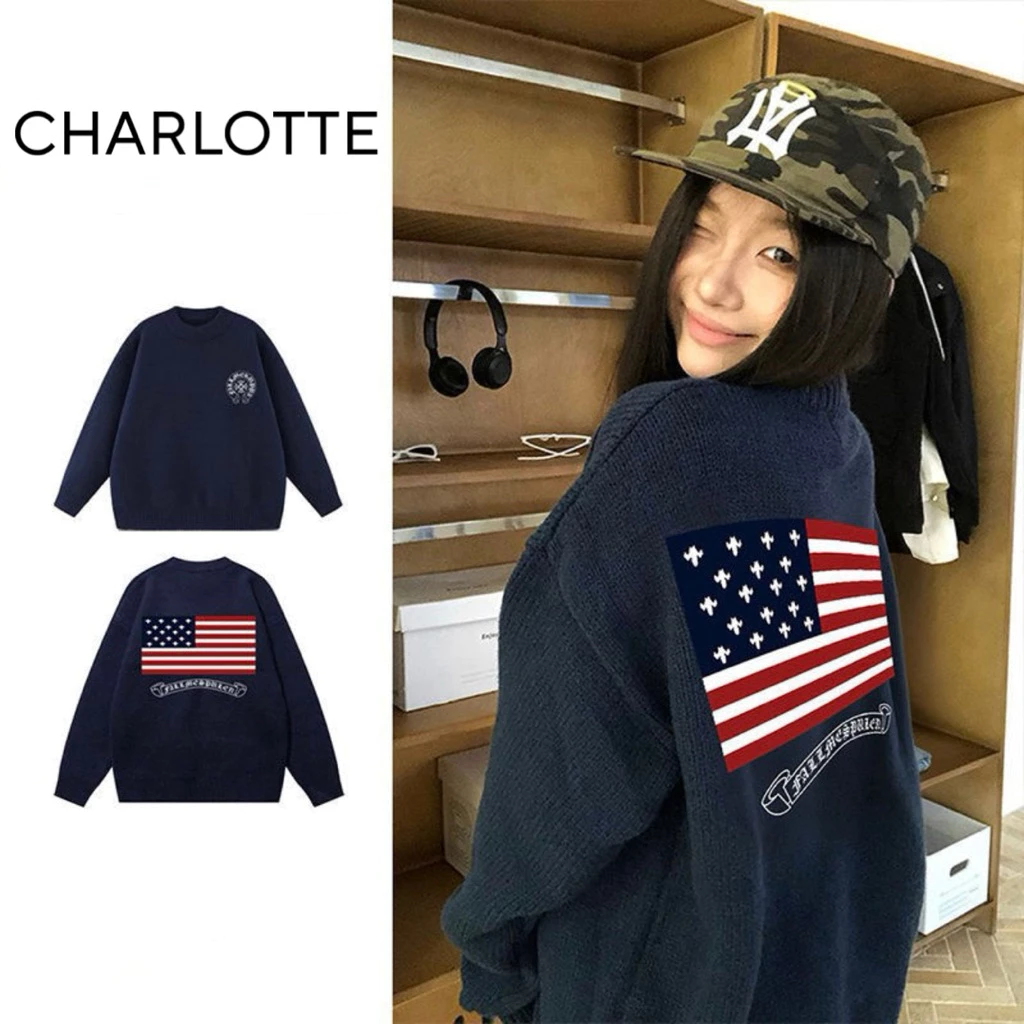 𝐂𝐡𝐚𝐫𝐥𝐨𝐭𝐭𝐞.𝐨𝐝_ Áo Sweater Len Dệt Kim In Cờ Mỹ x CH Dáng Rộng Cá Tính Cho Nam Nữ