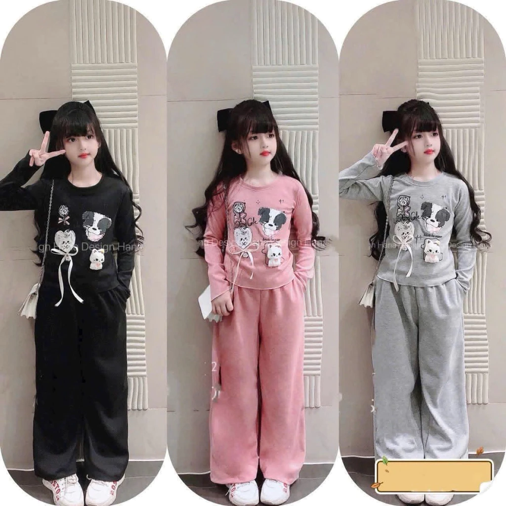 Bộ đồ thu đông Len Thỏ 3 màu sang chảnh cho bé gái áo dài tay quần dài ống xuông chất vải dày dặn mềm mịn co giãn14-35kg