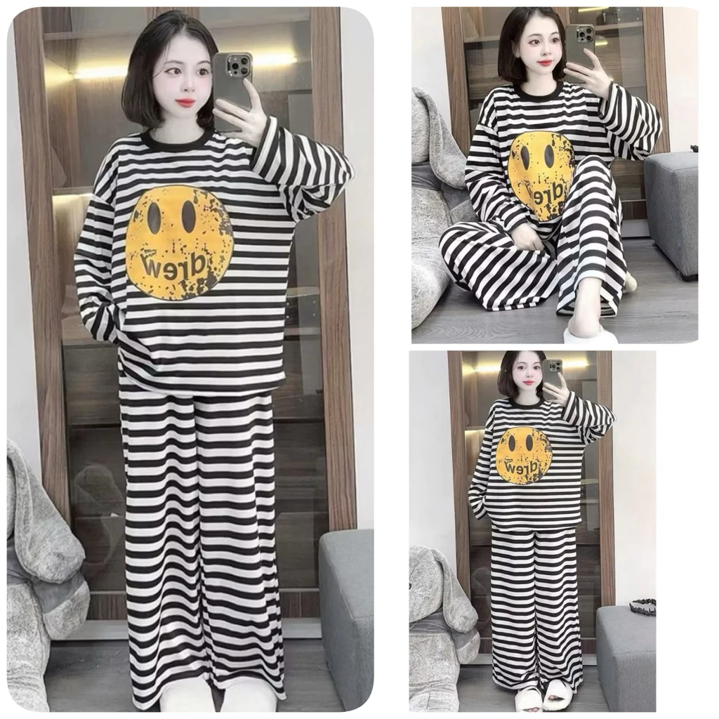 SET BỘ KẺ MẶT CƯỜI DÀI TAY QUẦN XUÔNG ỐNG RỘNG SÉT BỘ THU ĐÔNG MẶC Ở NHÀ ĐỒ NGỦ THOẢI MÁI