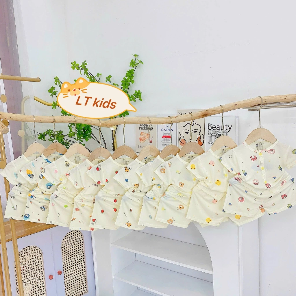 [Loại Peptit] Set 5 Bộ Cộc Tay Cúc Giữa Chất Thun Peptit Mềm Mại Thoáng Mát Nền Kem In Hoạ Tiết