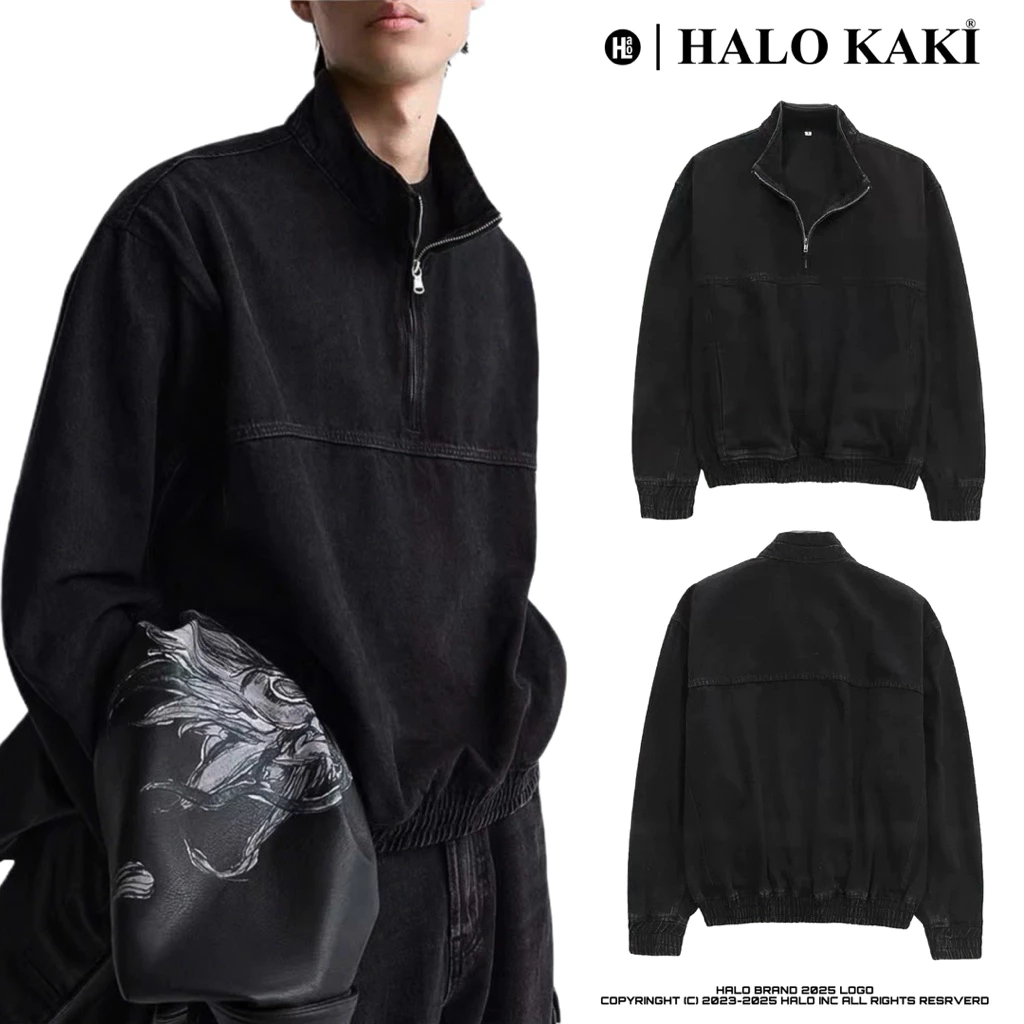 ÁO KHOÁC JEANS SWEATER CỔ ZIPPER Nam nữ halo kaki