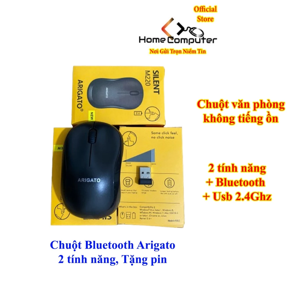 Chuột Bluetooth, chuột không dây Arigato cổng usb 2.4Ghz chế độ kép, không tiếng ồn, tặng kèm pin