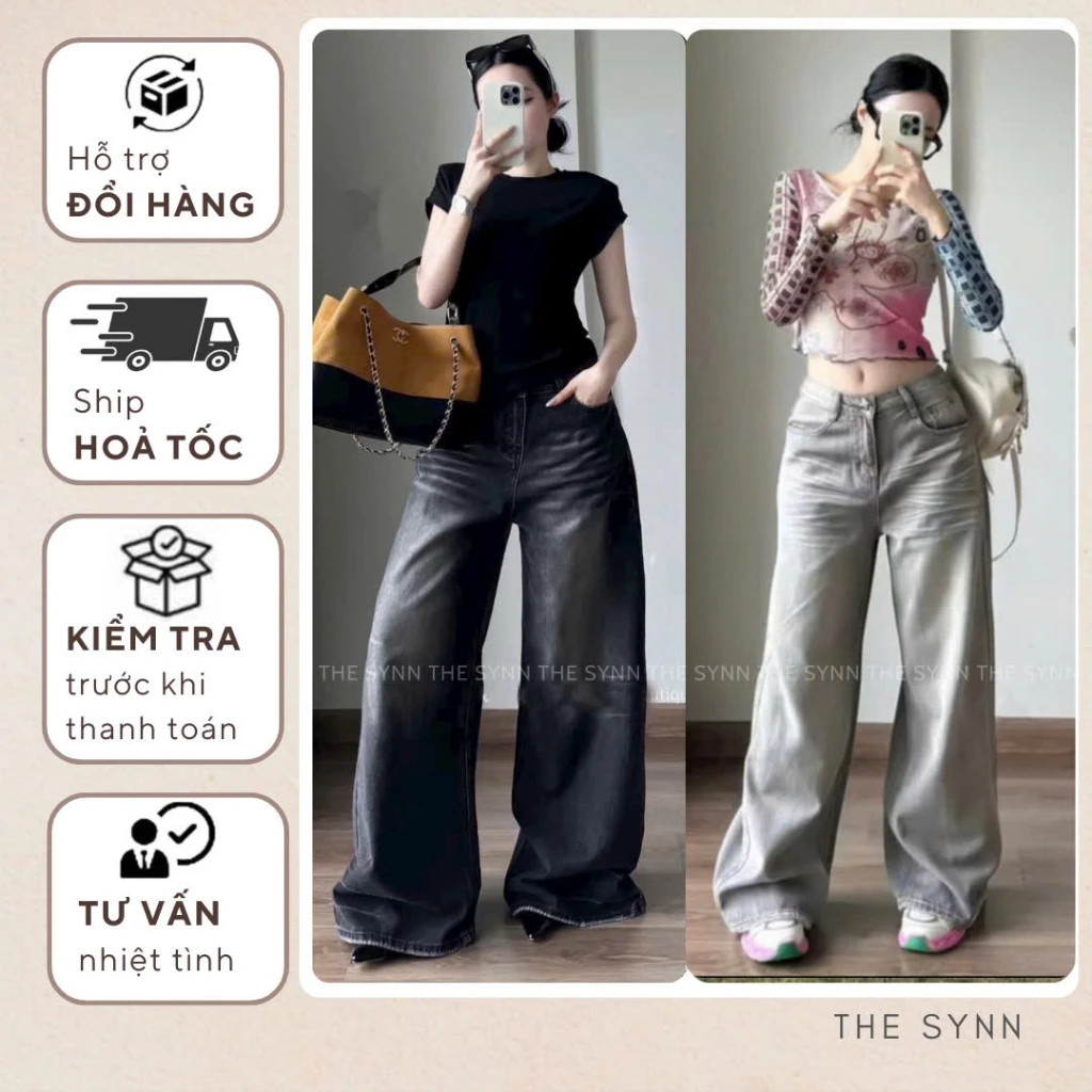 QJ66 - Quần Jean Nữ Suông Ống Rộng Wash Trắng 2 Màu