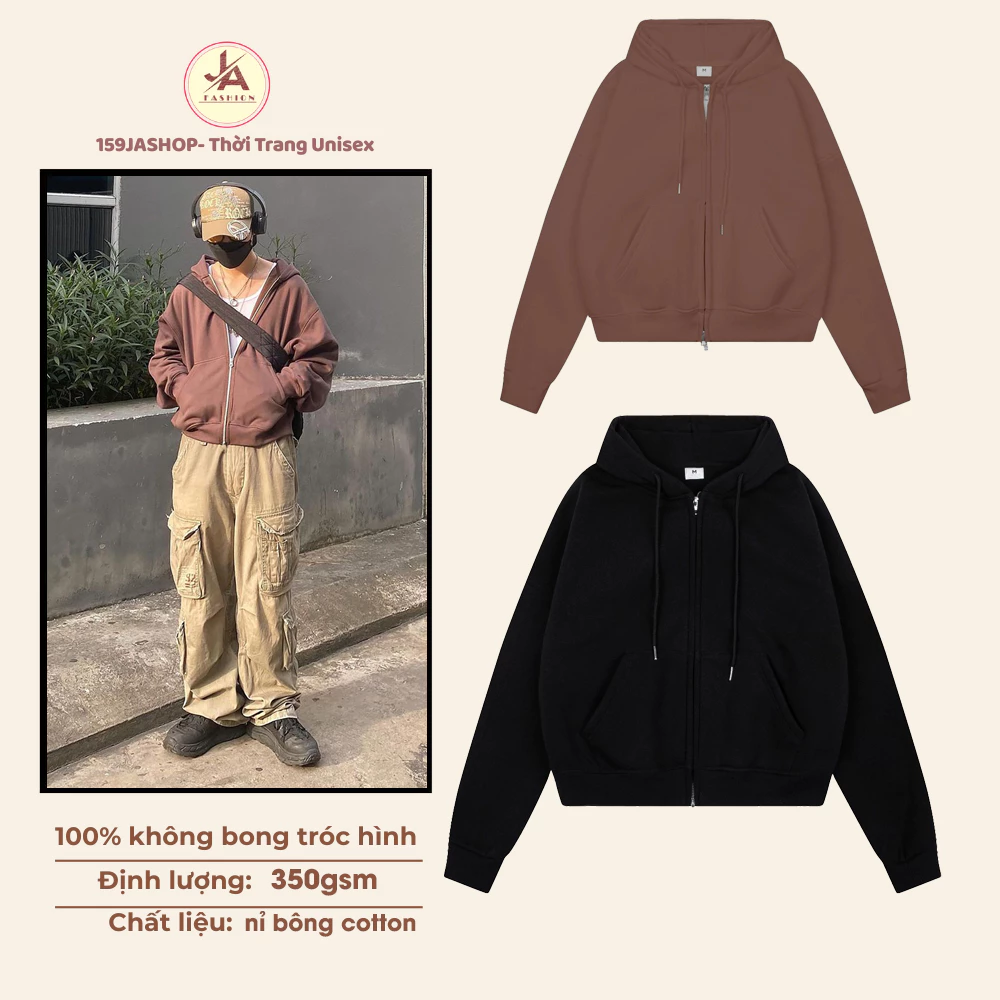 Áo Khoác Hoodie Zip Boxy Nỉ cotton lót bông  Cao Cấp Dày Dặn không xù Mềm Mại Thoáng Mát