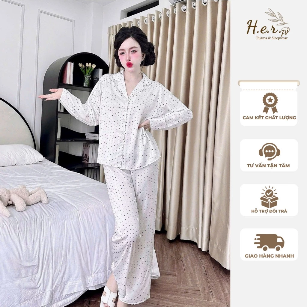 Bộ đồ ngủ nữ nhà HER Pijama tay dài chất lụa latin tơ tằm cao cấp họa tiết sang trọng