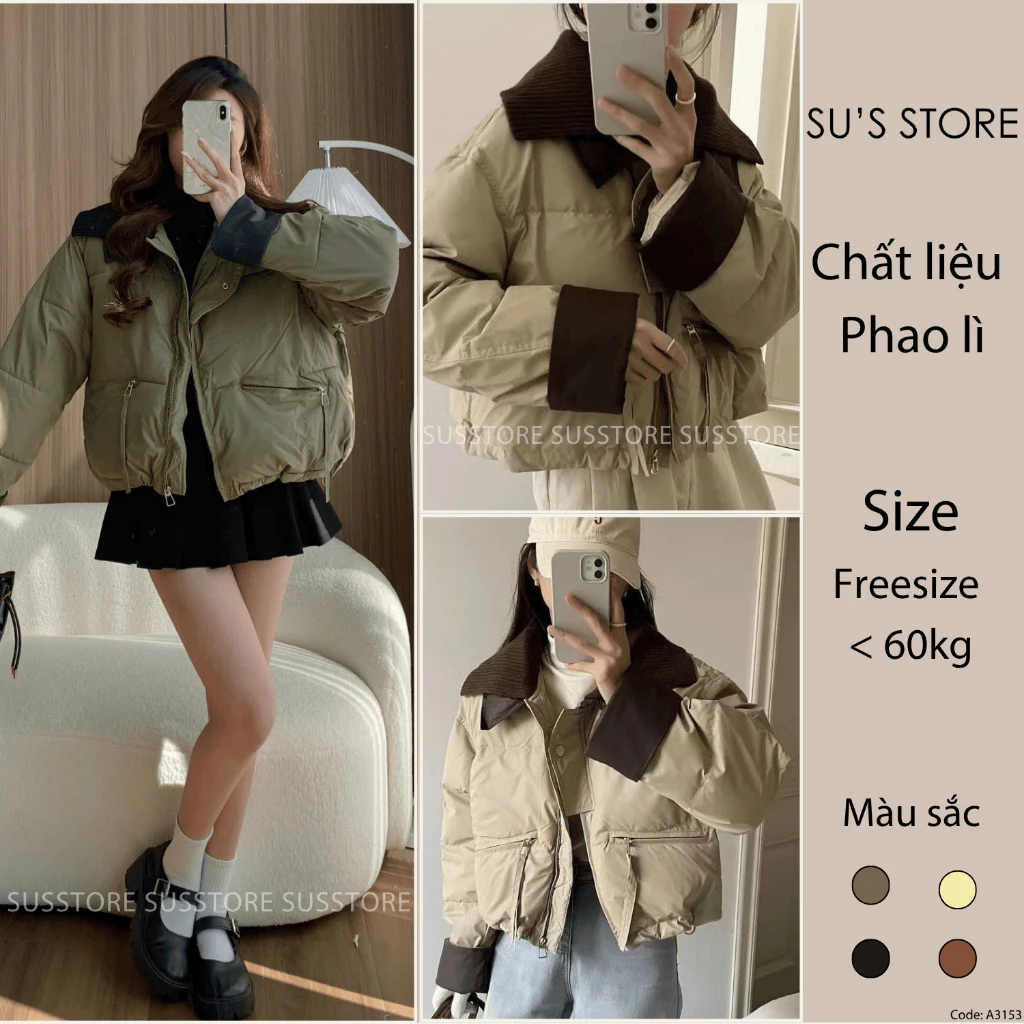 (Hàng QC Loại 1) Áo Phao Lì Dáng Ngắn Pha Cổ Túi Trước A3153 Su Chang Thời Trang Nữ