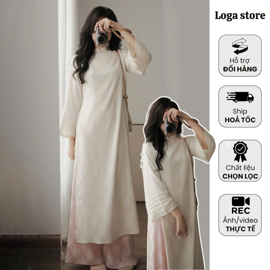 Set áo dài lụa dáng suông truyền thống kết hợp hiện đại dịp Tết, Áo dài nữ Tết 2026 dài tay form suông Loga Store_L25