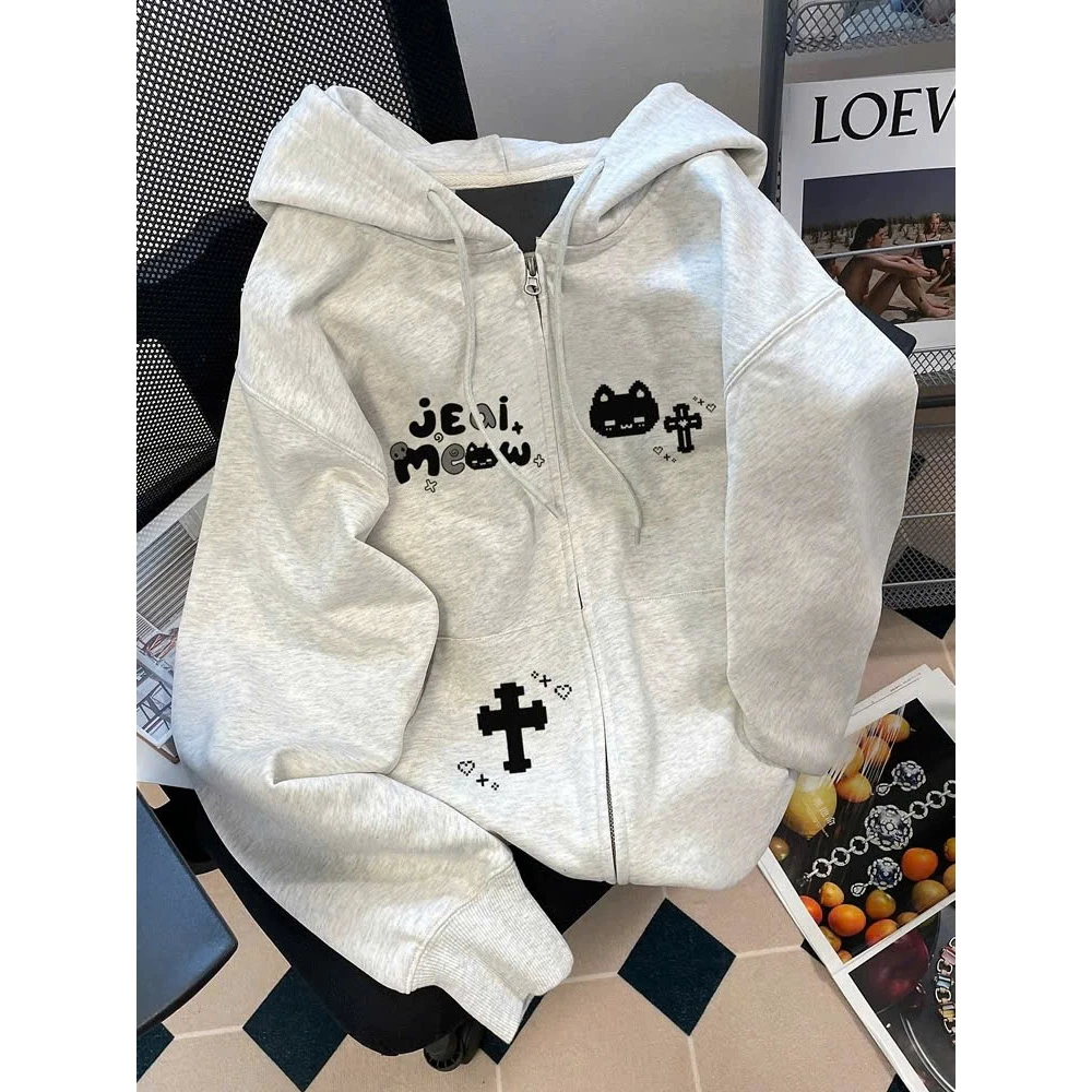 Áo Khoác Nỉ Hoodie Zip Khóa Kéo JEAI MEOW Có Túi Trong Form Rộng Nam Nữ Chất Nỉ Bông Dày Dặn