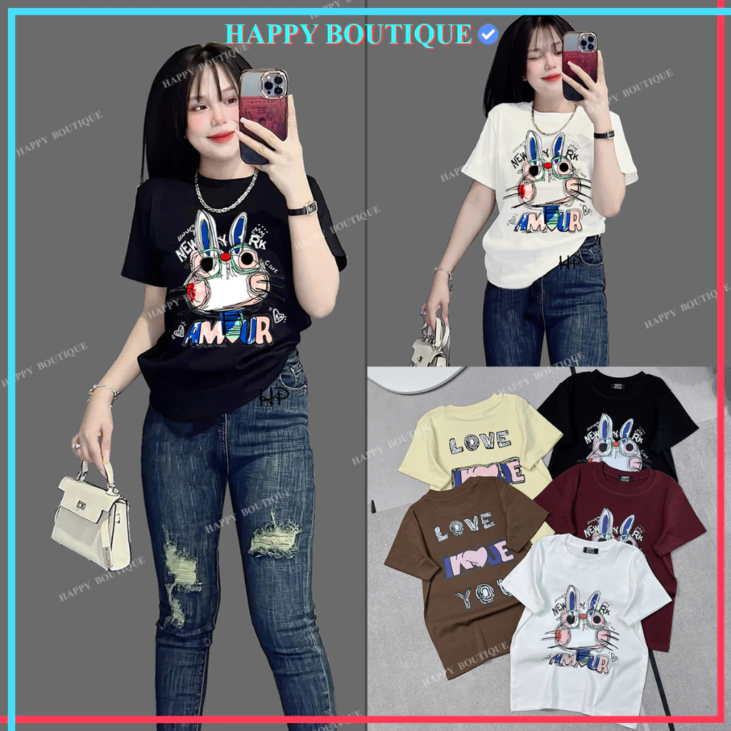 [40~60kg] Áo Thun Dáng Vừa Nữ [B23] Vải BORIP Cotton Mềm Mịn Mát Co Dãn [THỎ ĐI BAR] HAPPY BOUTIQUE