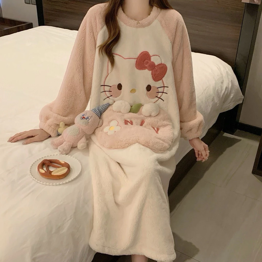 KT Mèo Váy Ngủ Nữ Mùa Thu Đông Nhung San Hô Dày Ấm Bộ Đồ Ngủ Dép Nỉ Hoạt Hình Dễ Thương Mặc Ở Nhà Quần Áo Bé Gái