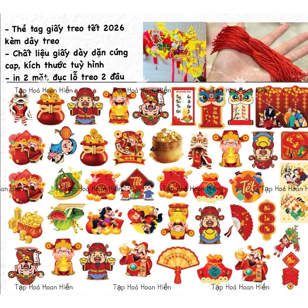 (Set 32-100c) Tag treo 2 mặt size to, thẻ treo trang trí Tết Bính Ngọ 2026 tặng kèm dây treo