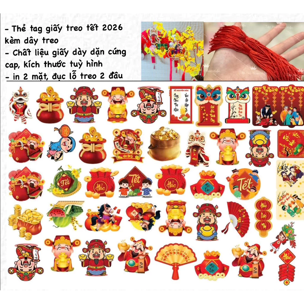 (Sỉ combo 100 thẻ kèm dây treo) Tag treo 2 mặt size to, thẻ treo trang trí Tết Bính Ngọ 2026 tặng kèm dây treo
