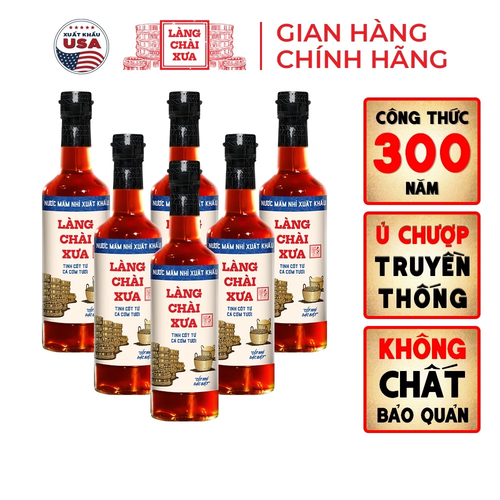 [TẶNG nước tương 125ml] Thùng 6 chai nước mắm nhỉ xuất khẩu nhãn xanh Làng Chài Xưa 500ml vị dịu nhẹ
