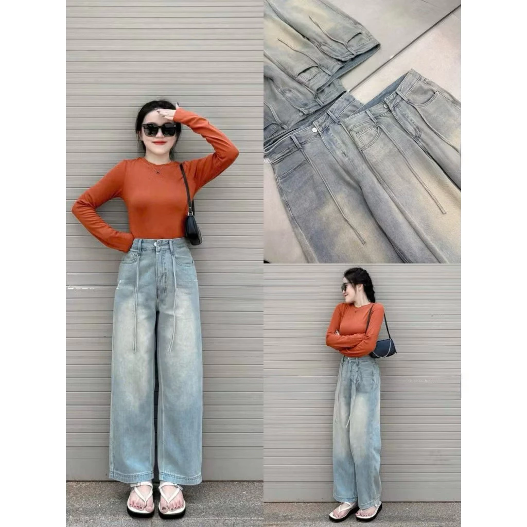 Quần jeans suông nữ ống rộng xanh nhạt kèm dây buộc siêu đẹpp