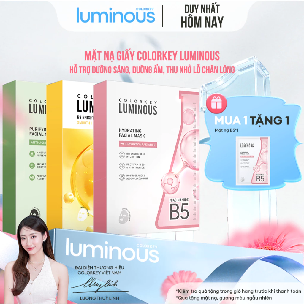 Mặt Nạ Giấy COLORKEY LUMINOUS Vitamin B5/ Vitamin B3/ Trà xanh Hỗ trợ dưỡng ẩm, sáng da, giảm dầu mụn 10 miếng/hộp