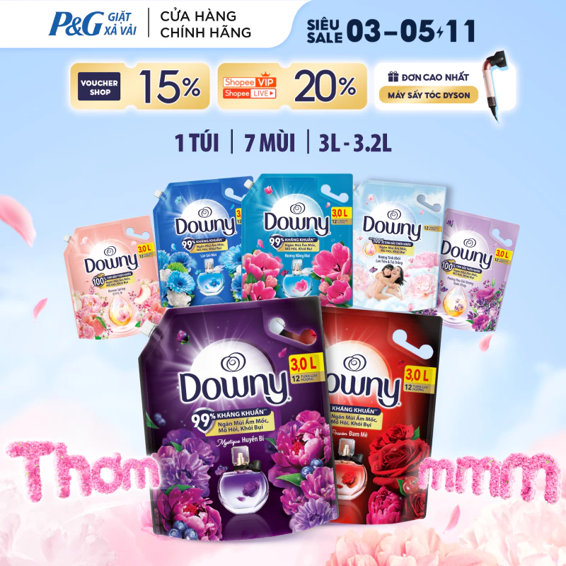 Nước Xả Vải DOWNY Tinh Dầu Thiên Nhiên/ Nước Hoa Cao Cấp/ Chống Khuẩn Nhiều Mùi Hương Túi 3L-3.2L