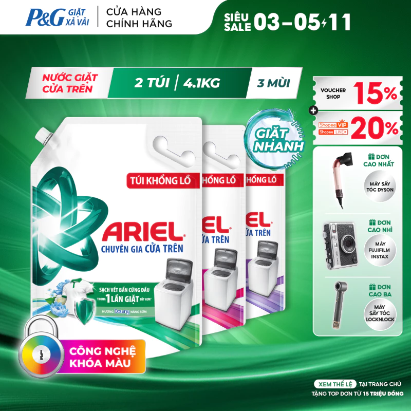 Combo 2 Nước Giặt ARIEL Chuyên Gia Cửa Trên Ngăn Lem Màu Hương Downy Nắng Sớm/ Nước Hoa/ Oải Hương Túi 4.1KG