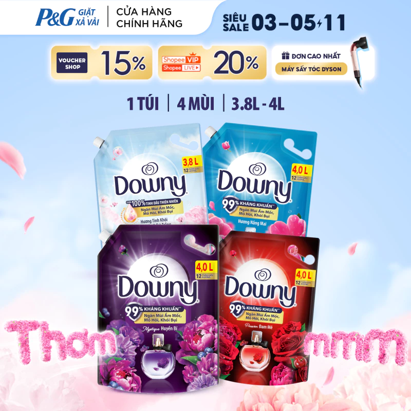 Nước Xả Vải DOWNY Hương Nước Hoa Cao Cấp/ Chống Khuẩn Hương Đam Mê/ Huyền Bí/ Nắng Mai Túi 3.8L-4L
