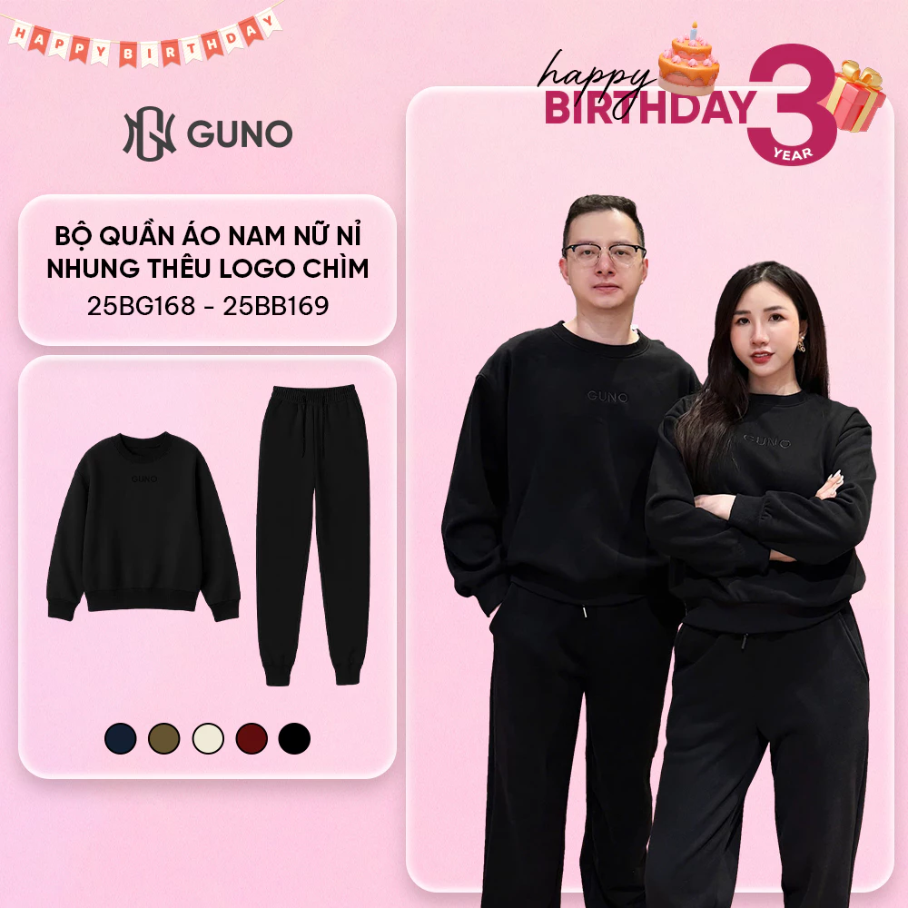 Bộ quần áo nỉ lót nhung nam nữ GUNO cao cấp siêu ấm cổ tròn thêu logo bo gấu SP5 25BG168/BB169