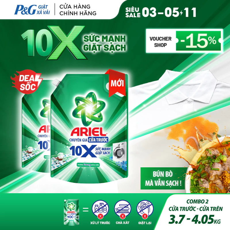 Combo 2 Nước Giặt Gel ARIEL 10X Sức Mạnh Giặt Sạch Chuyên Gia Cửa Trước-Cửa Trên Hương Downy Nắng Sớm Túi 3.7KG/ 4.05KG