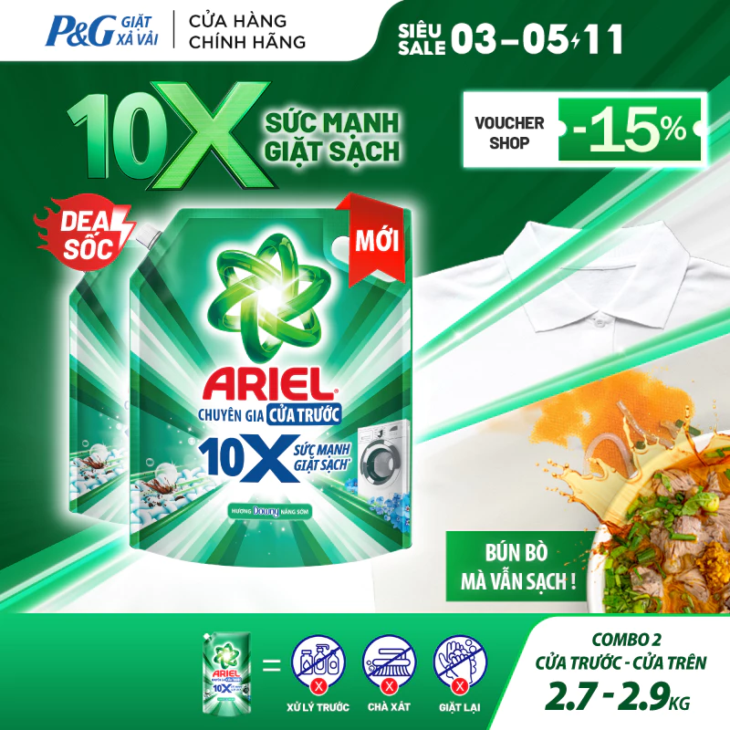 Combo 2 Nước Giặt Gel ARIEL 10X Sức Mạnh Giặt Sạch Chuyên Gia Cửa Trước-Cửa Trên Hương Downy Nắng Sớm Túi 2.7KG/ 2.9KG