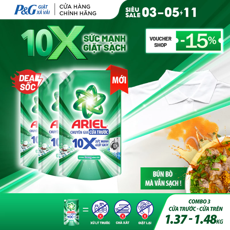 [MUA 2 ĐƯỢC 3] Nước Giặt Gel ARIEL 10X Sức Mạnh Giặt Sạch Hương Downy Nắng Sớm Túi1.37KG/1.48KG