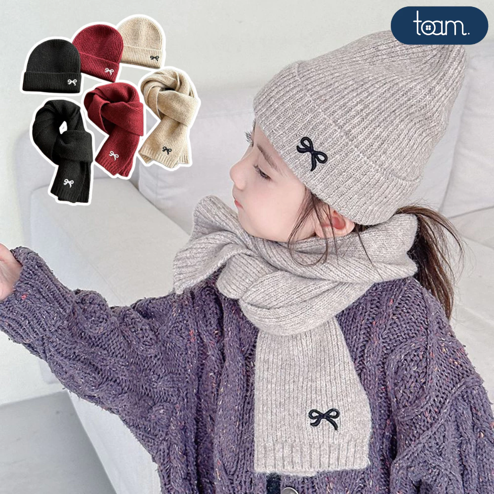 Set Mũ Len Kèm Khăn Noel Hàn Quốc Cho Bé Giữ Ấm Mùa Đông Thêu Hình Nơ Dễ Thương Nhiều Màu Sắc