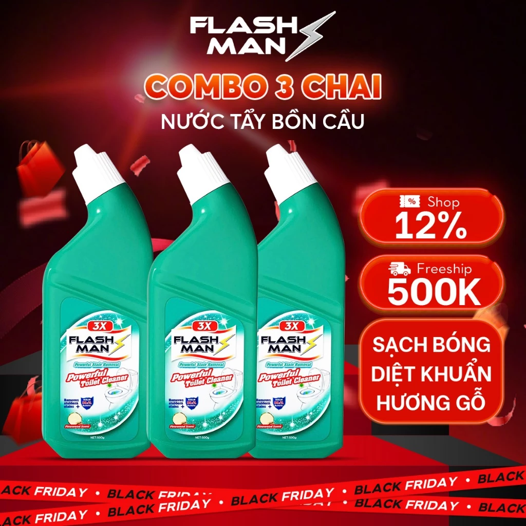 [COMBO 3 CHAI] Nước Tẩy Bồn Cầu Flashman 500g – Diệt Khuẩn 99.9% – Khử Mùi, Tẩy Sạch Vết Bẩn