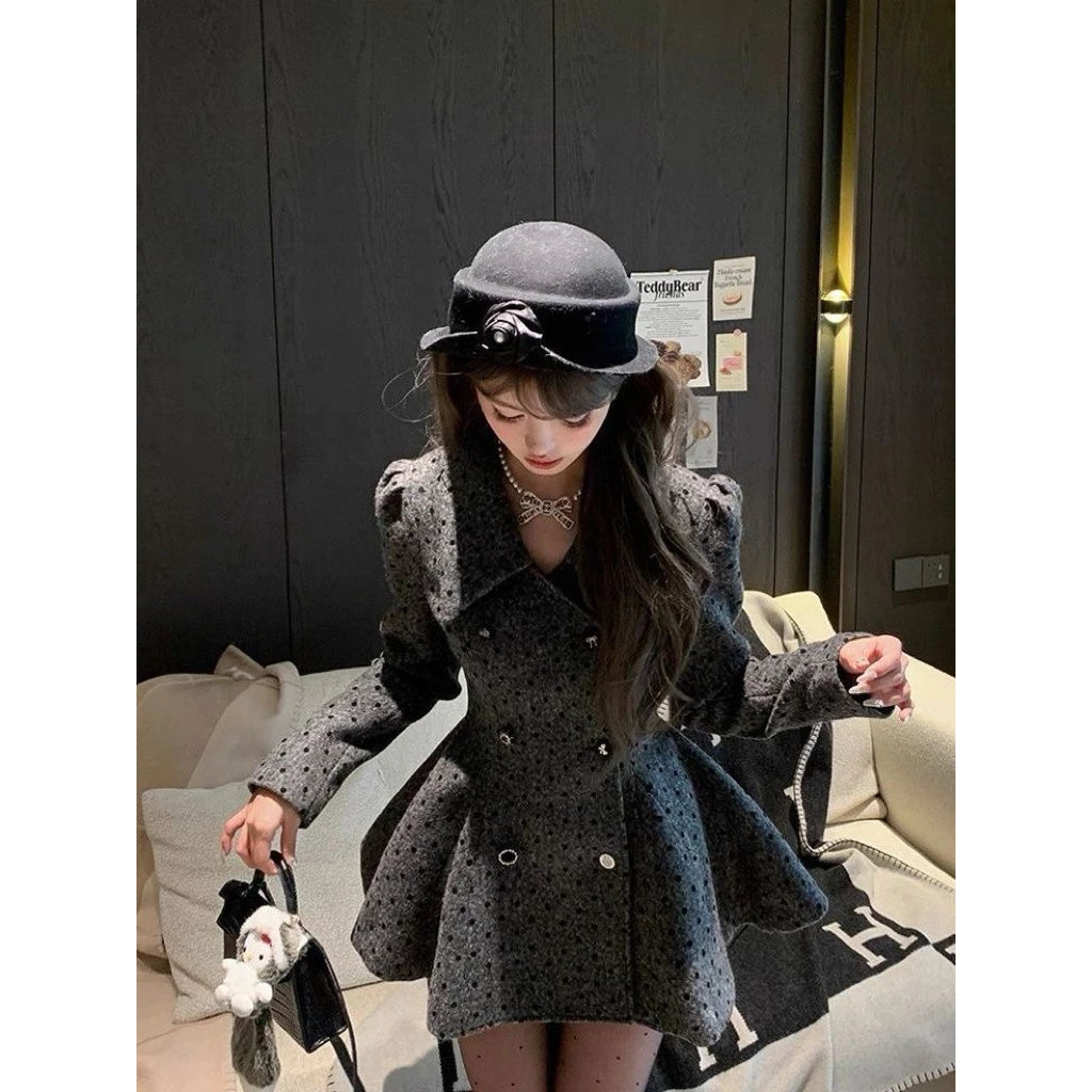 Đầm Tweed Chấm Bi Nữ Dáng A Chiết Eo, Váy Tiểu Thư Tay Dài Thanh Lịch Thu Đông
